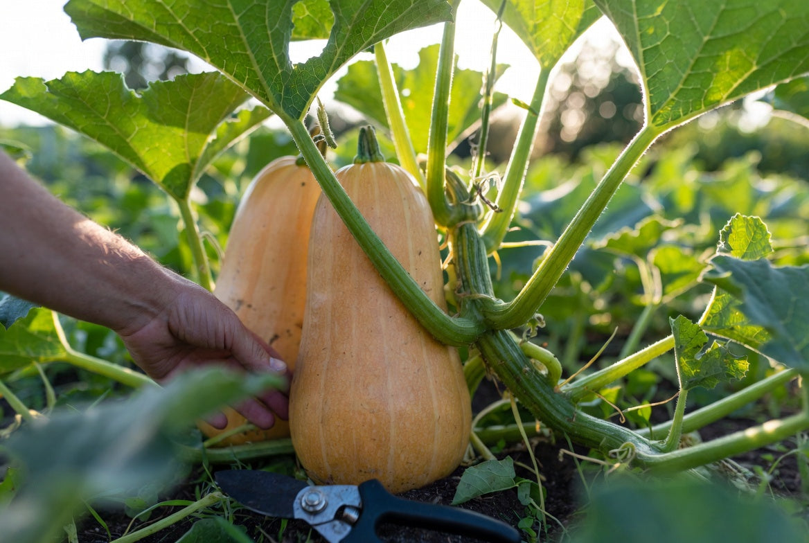 Ripe butternut squash growing on the vine in a garden