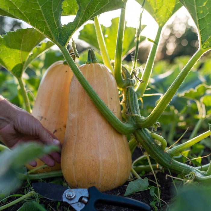 Ripe butternut squash growing on the vine in a garden