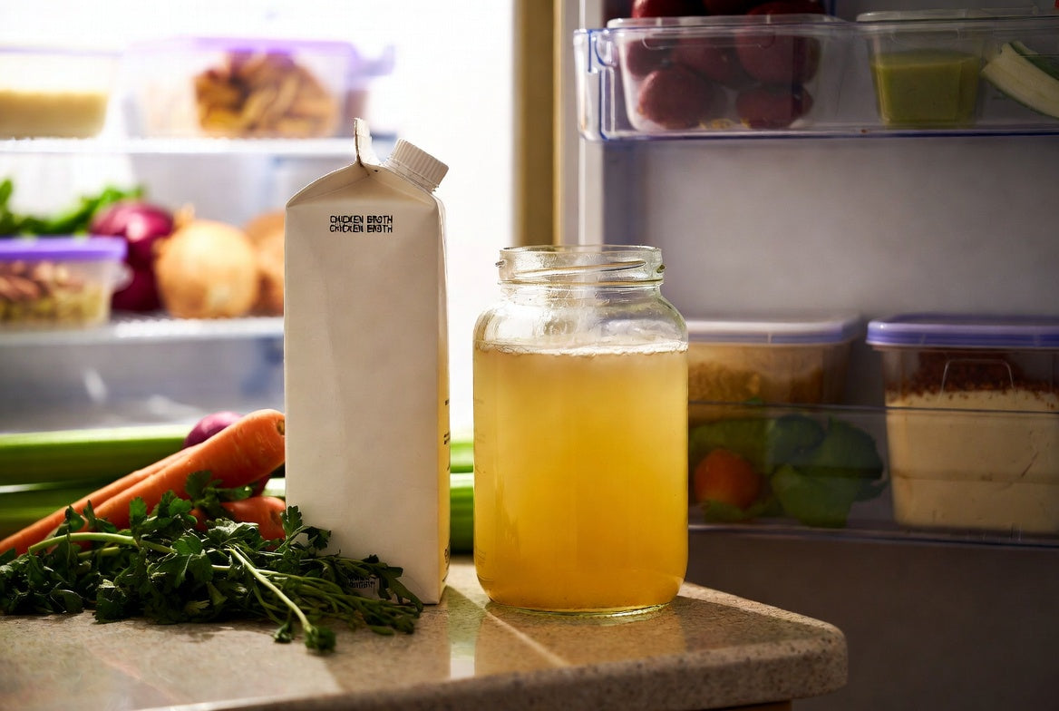 Chicken broth carton and homemade broth jar beside open refrigerator
