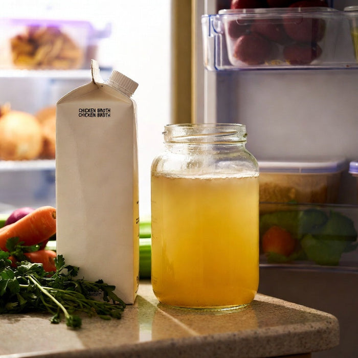 Chicken broth carton and homemade broth jar beside open refrigerator