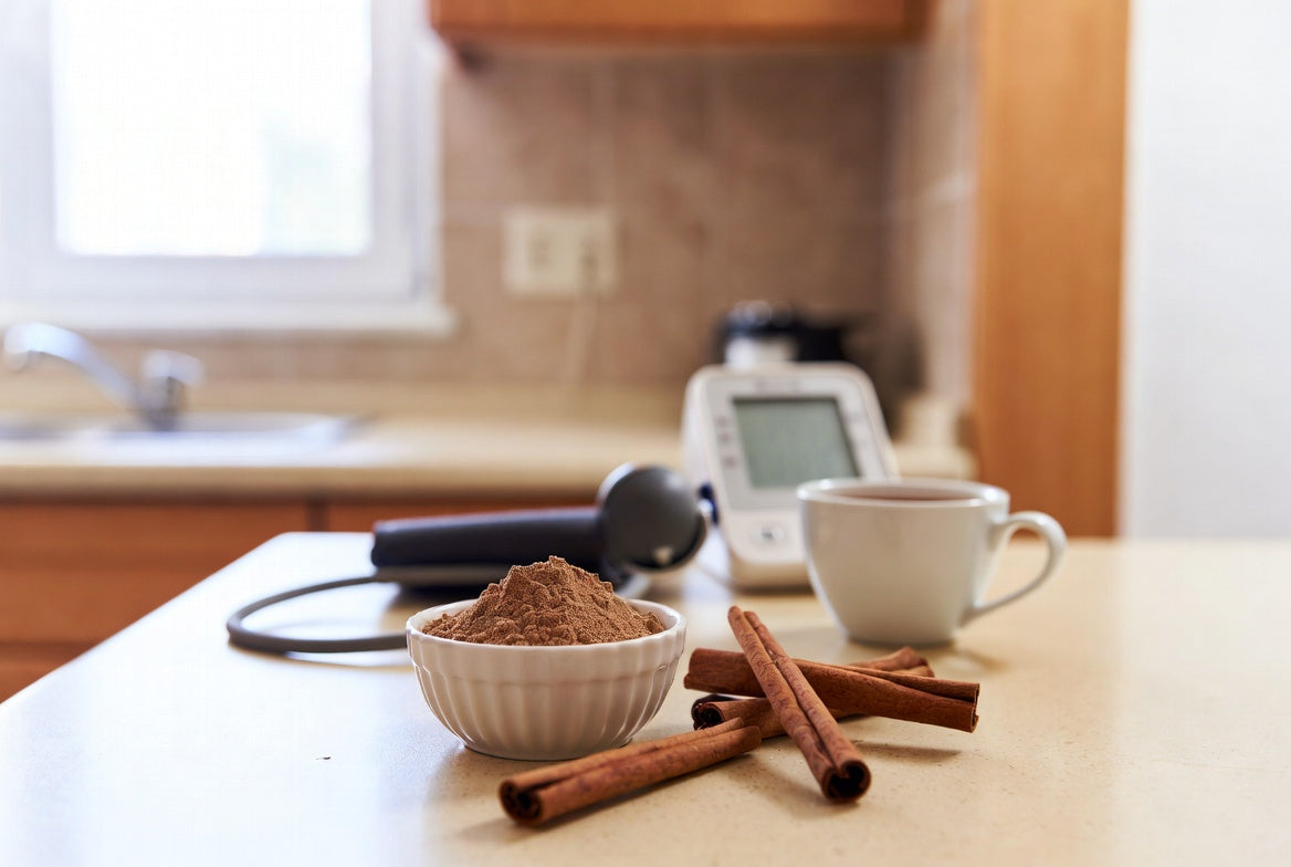 Cinnamon sticks and powder beside tea and blood pressure monitor