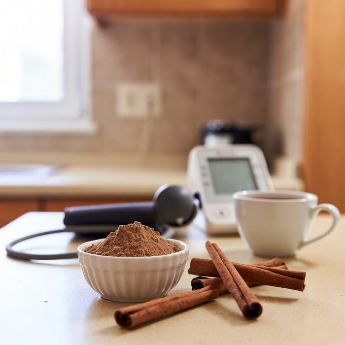 Cinnamon sticks and powder beside tea and blood pressure monitor
