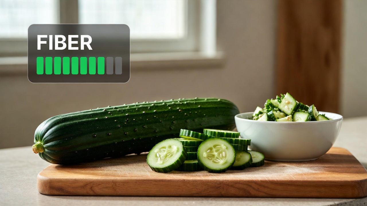Whole and sliced cucumber beside salad bowl with fiber icon display UI