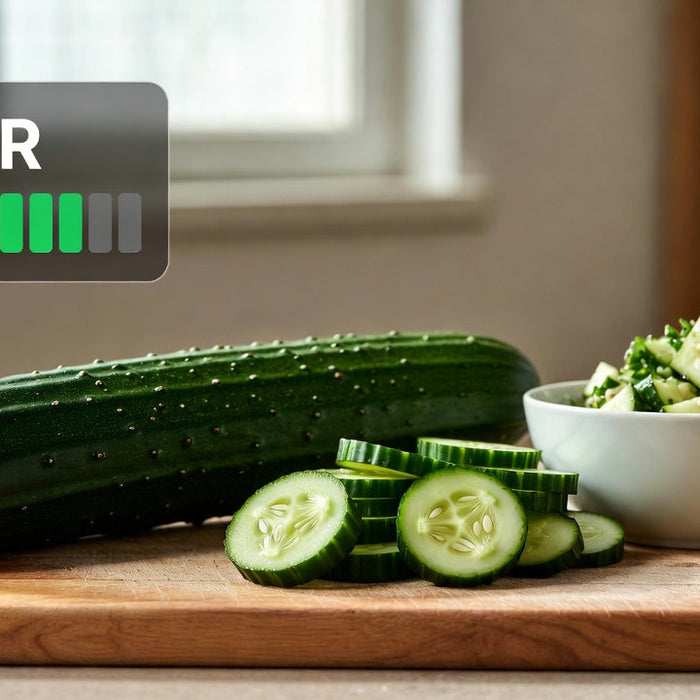 Whole and sliced cucumber beside salad bowl with fiber icon display UI