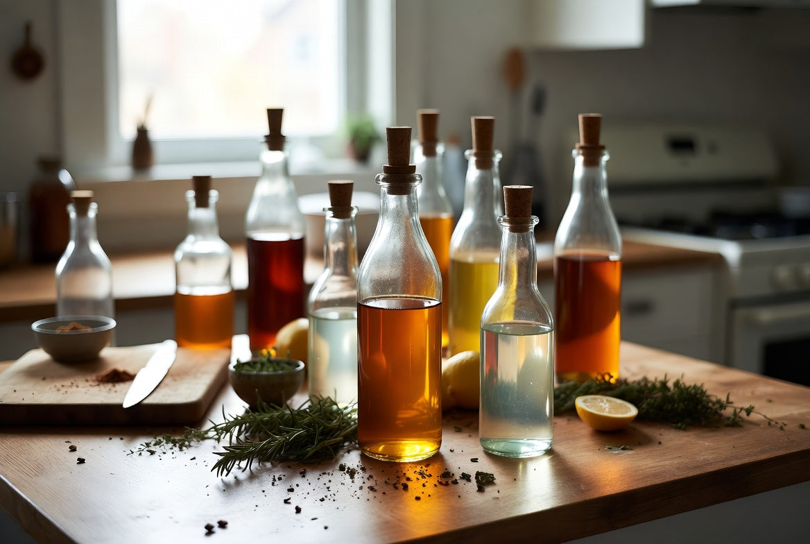 Assorted vinegar bottles with herbs and lemons on kitchen counter