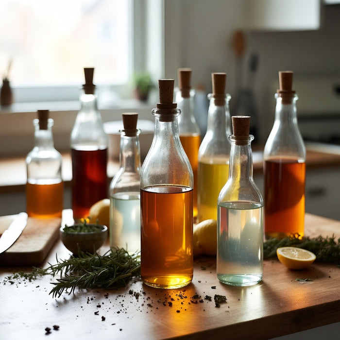 Assorted vinegar bottles with herbs and lemons on kitchen counter