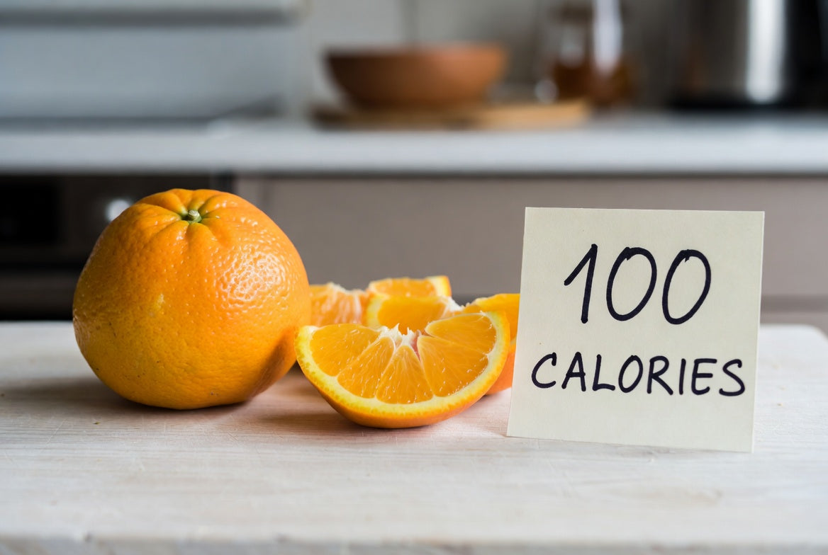 Orange slices with calorie note on kitchen countertop
