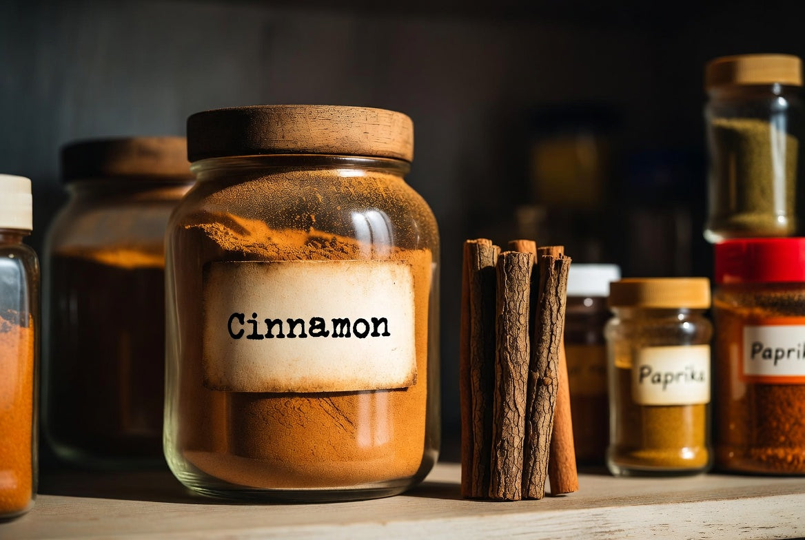 Jar of ground cinnamon with cinnamon sticks on a pantry shelf