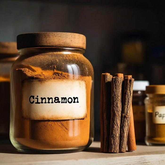 Jar of ground cinnamon with cinnamon sticks on a pantry shelf