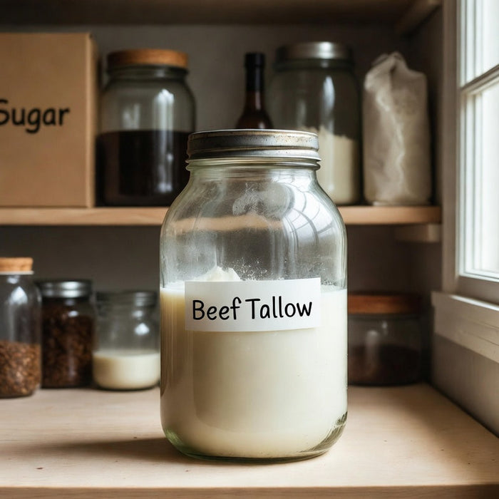 Labeled jar of beef tallow stored on pantry shelf by a bright window.
