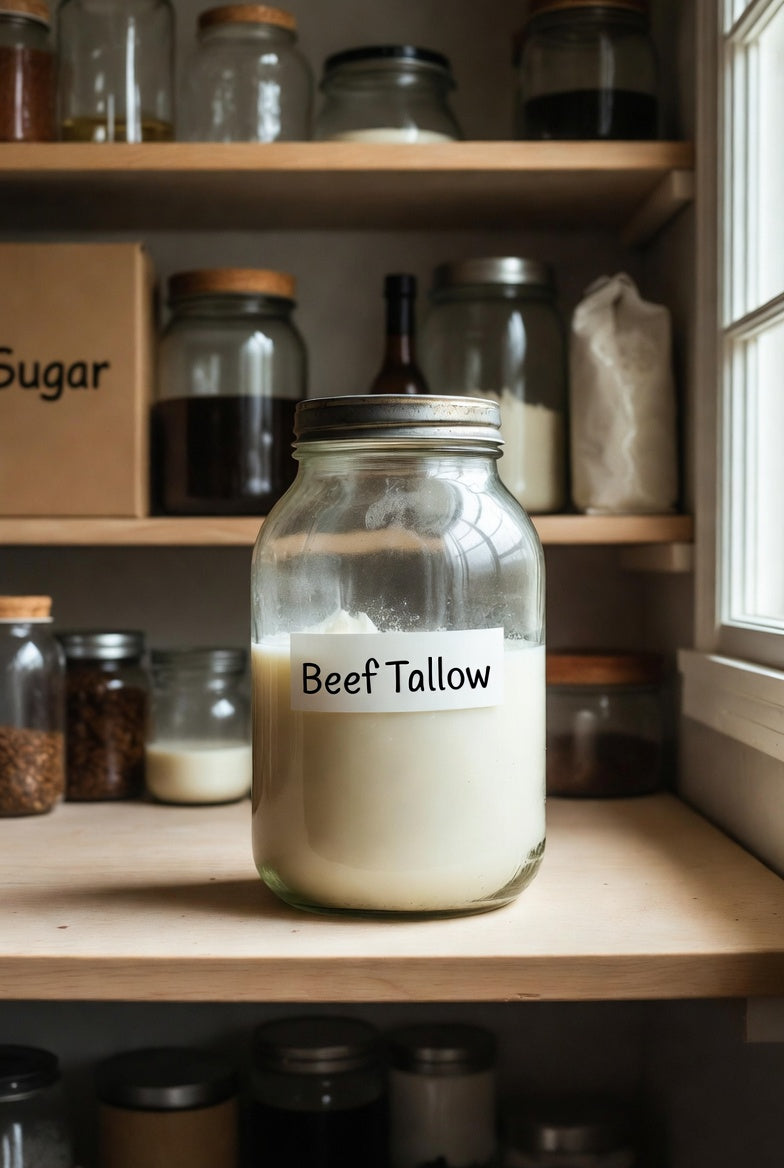 Labeled jar of beef tallow stored on pantry shelf by a bright window.