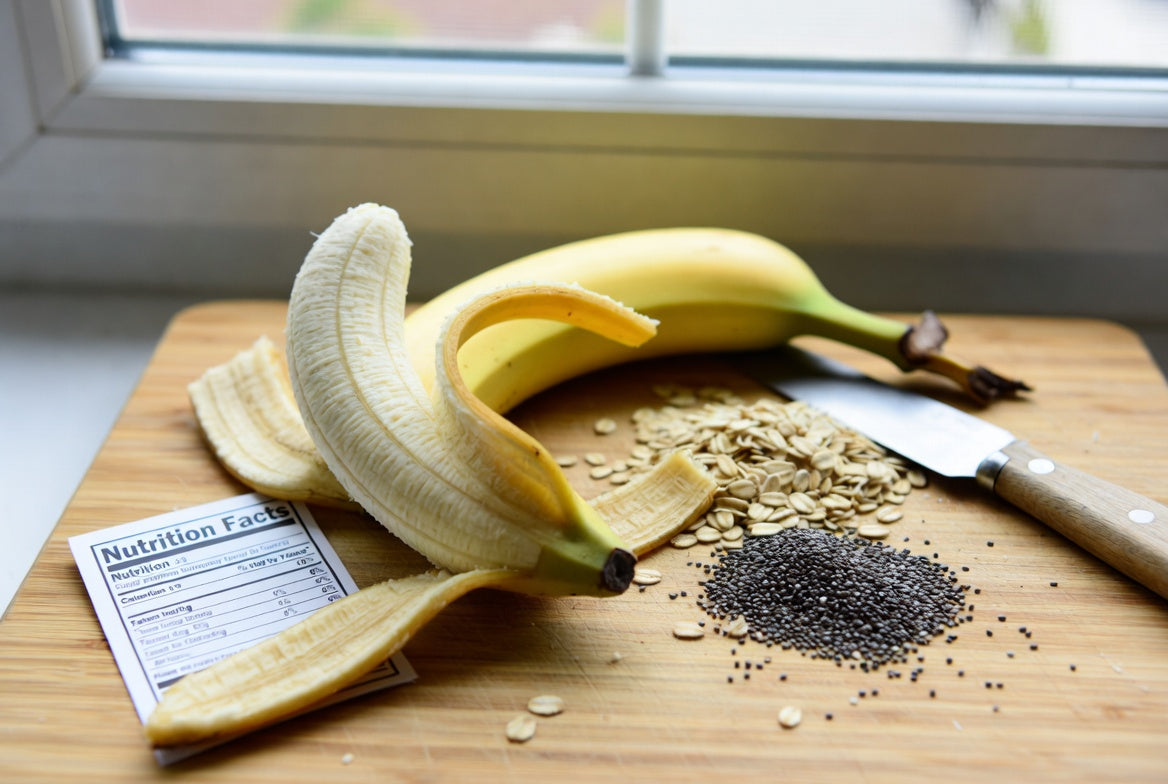 Peeled banana with oats, chia seeds, and nutrition card on cutting board