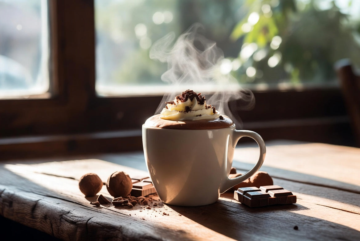 Steaming hot chocolate topped with cream beside chocolate pieces