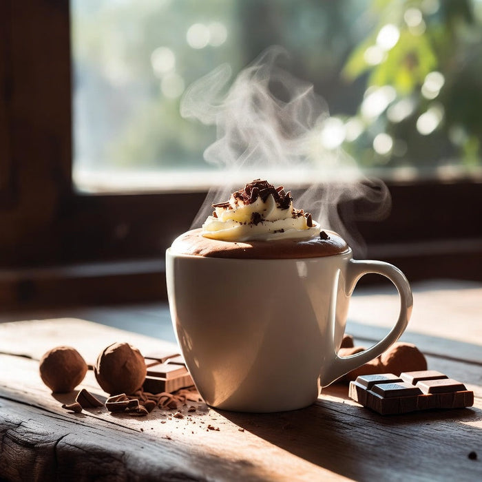 Steaming hot chocolate topped with cream beside chocolate pieces