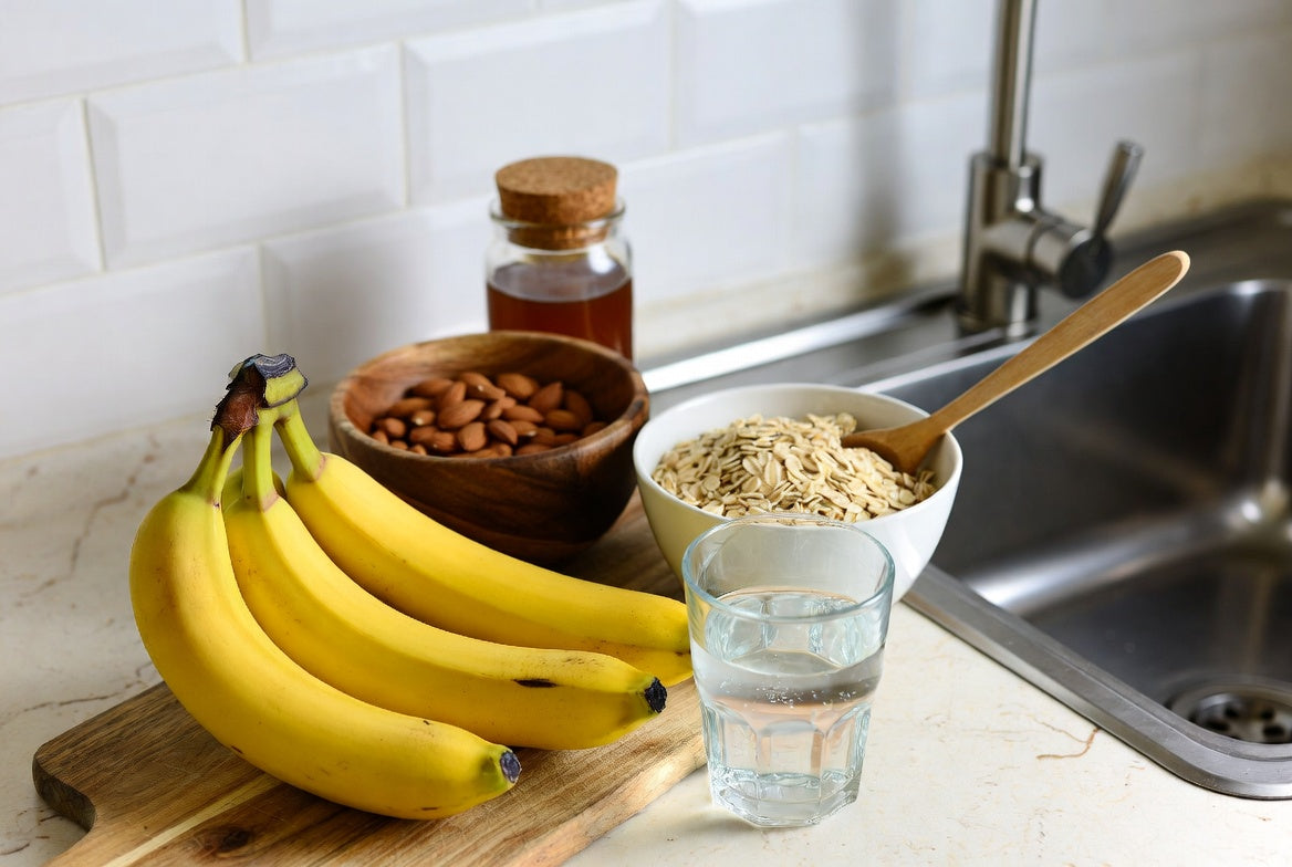 Bananas with oats, almonds, honey and water on a sunny countertop home