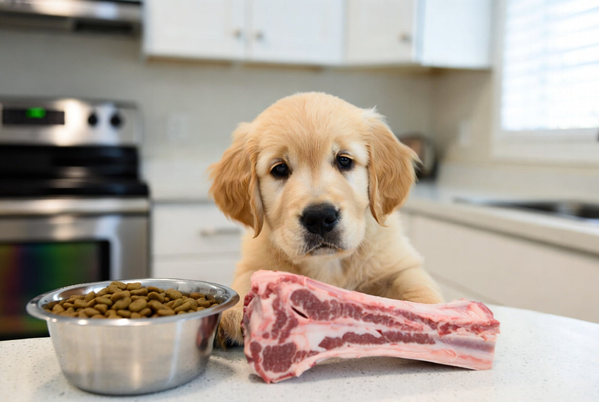 Golden retriever puppy beside raw lamb bone and dog food bowl