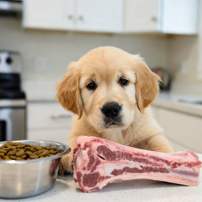 Golden retriever puppy beside raw lamb bone and dog food bowl