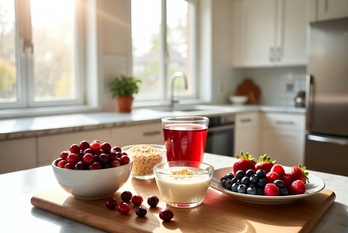 Fresh cranberries, juice, yogurt and berries on healthy breakfast table