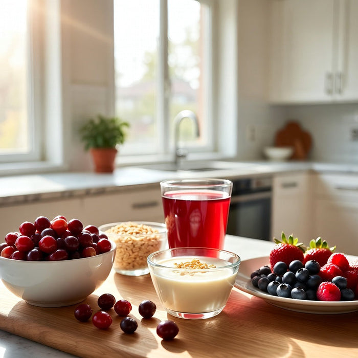 Fresh cranberries, juice, yogurt and berries on healthy breakfast table