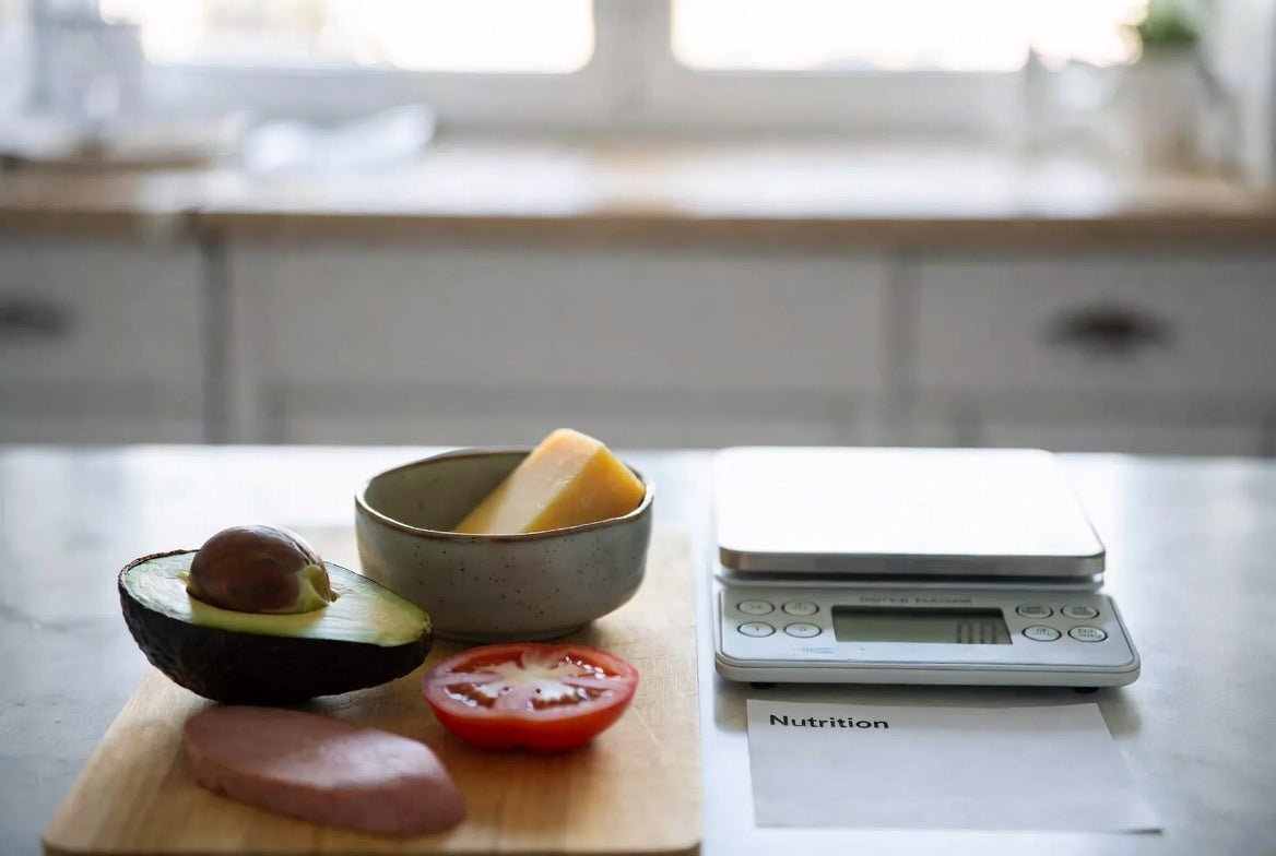 Avocado with proteins on cutting board beside nutrition note