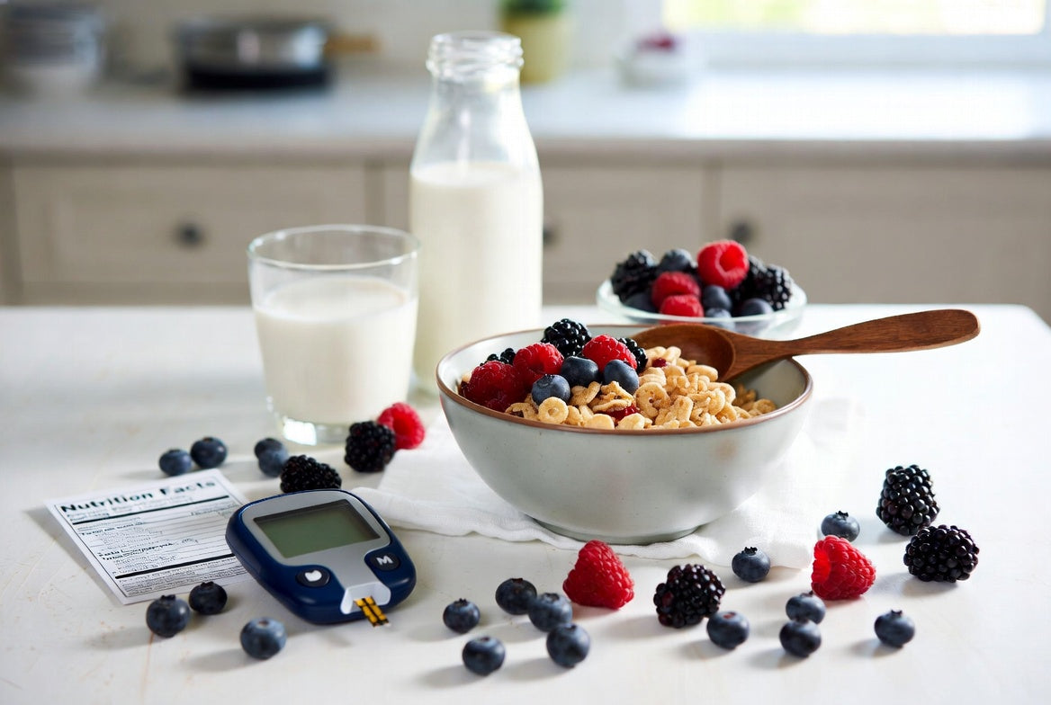 Cereal with berries, milk, and glucose meter on kitchen counter