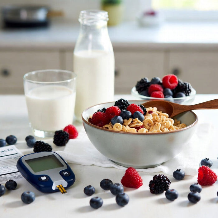 Cereal with berries, milk, and glucose meter on kitchen counter