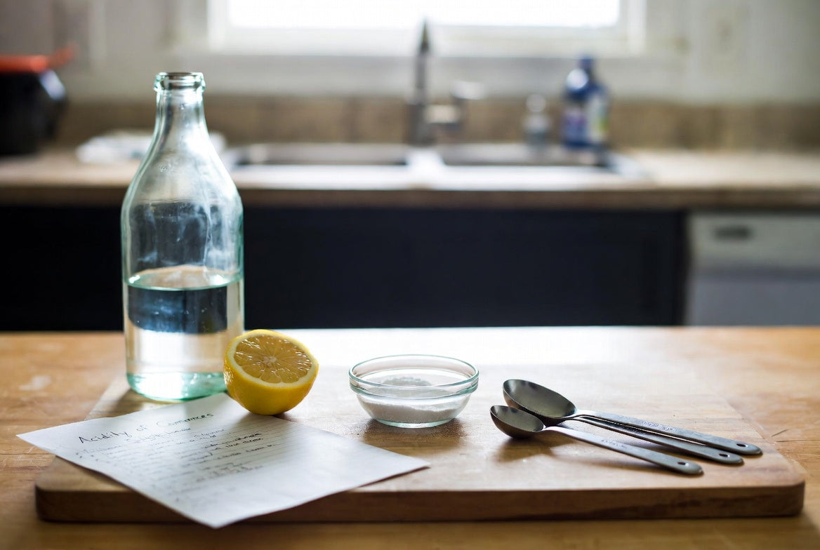 Vinegar, lemon, and baking soda arranged for a home acid test