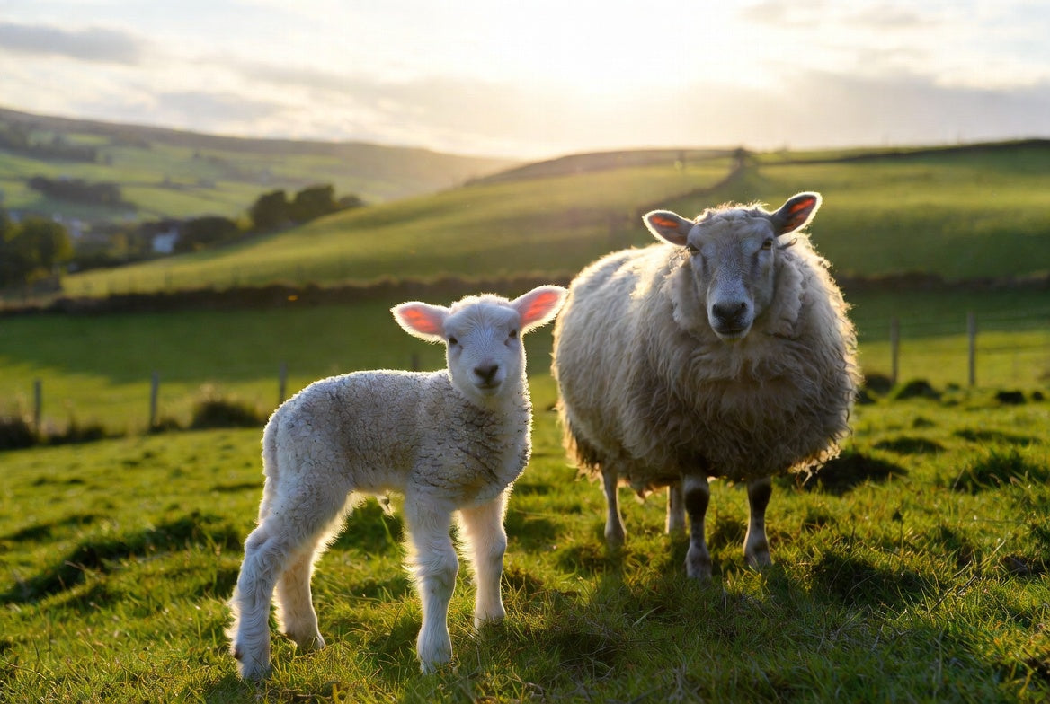 Young lamb standing beside adult sheep in sunny green pasture