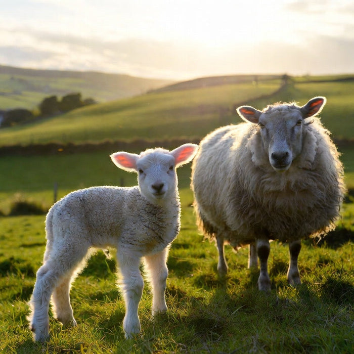 Young lamb standing beside adult sheep in sunny green pasture