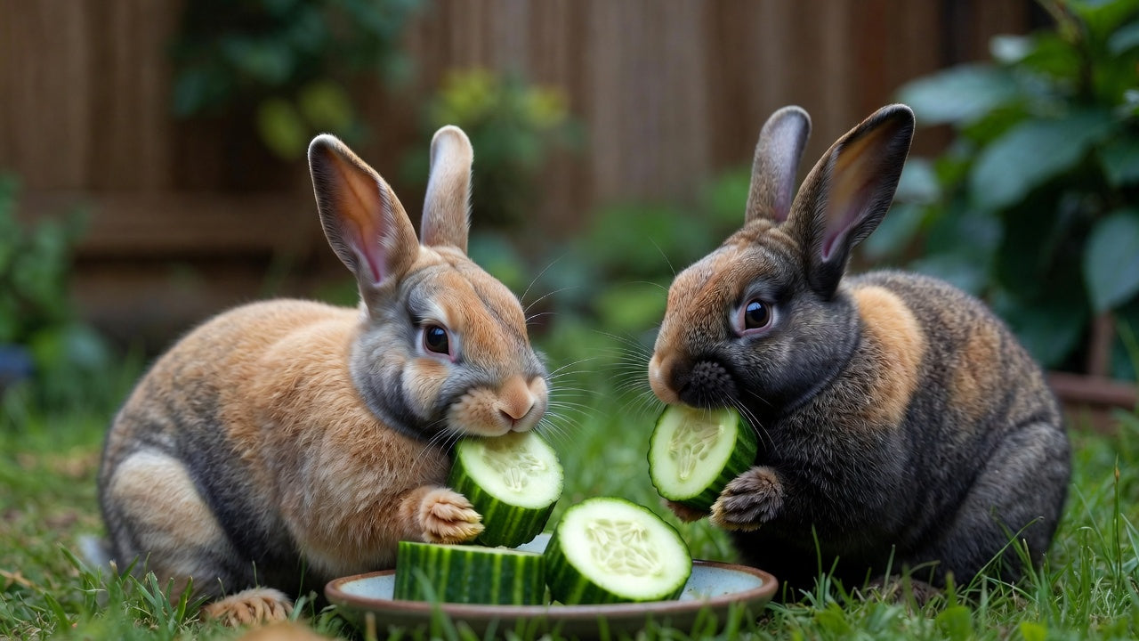 Two rabbits nibble cucumber slices from a plate in a garden yard scene