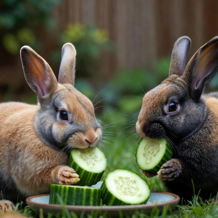 Two rabbits nibble cucumber slices from a plate in a garden yard scene