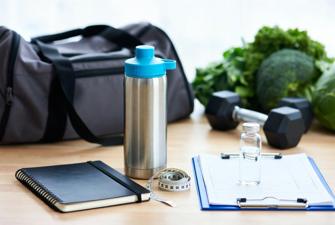 Peptides vial with fitness journal, water bottle, and gym equipment