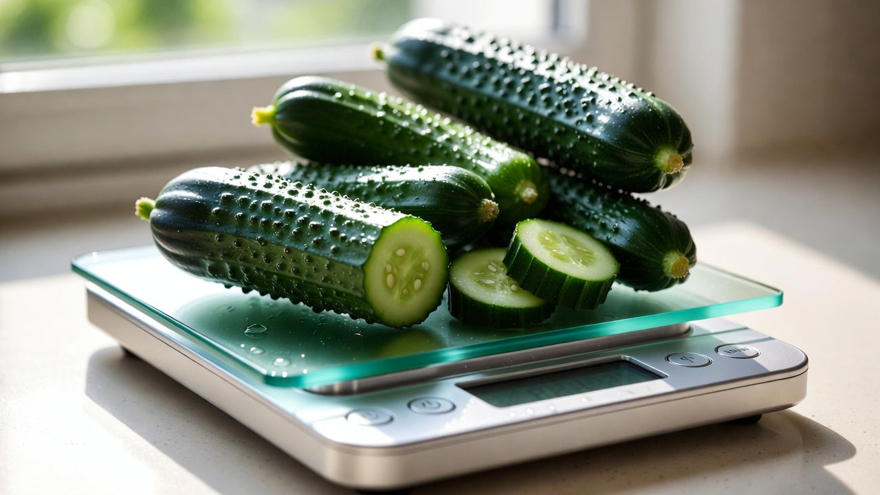 Fresh cucumber slices and whole cucumbers on a digital kitchen scale.
