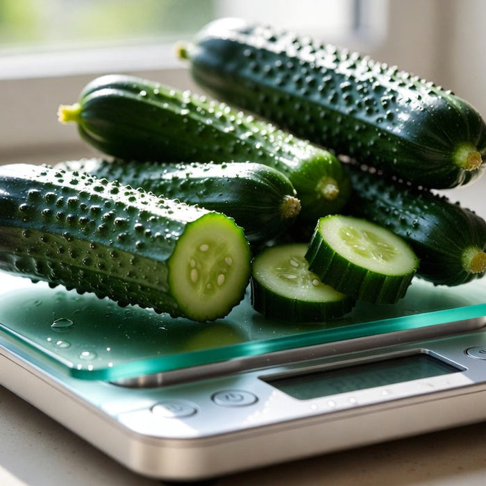 Fresh cucumber slices and whole cucumbers on a digital kitchen scale.