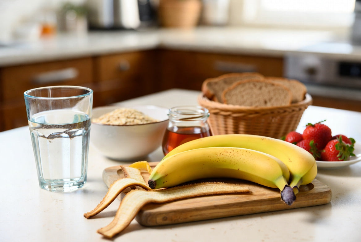Bananas with water, oats, bread, and fruit on a kitchen counter