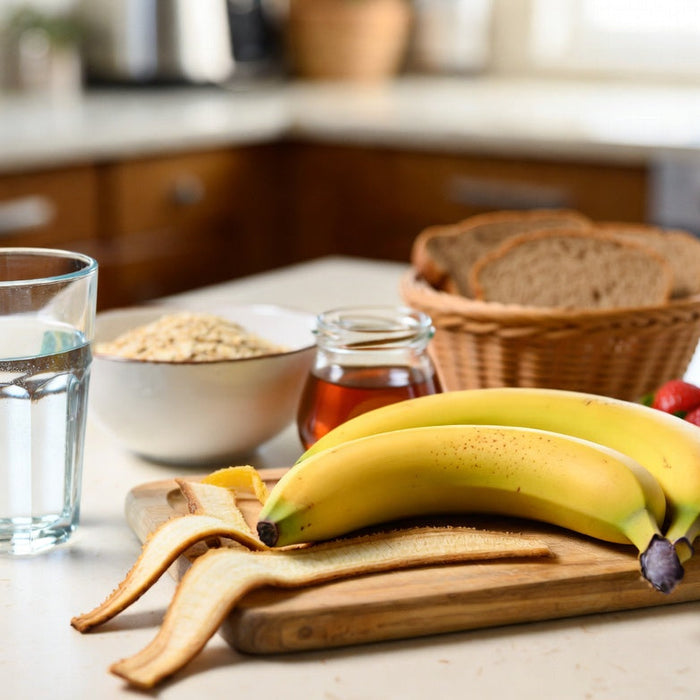 Bananas with water, oats, bread, and fruit on a kitchen counter