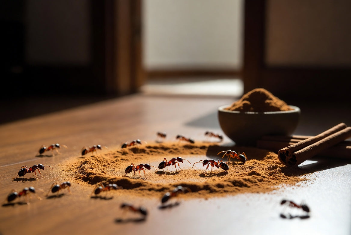 Ants gathered around a circle of cinnamon powder on a wooden table