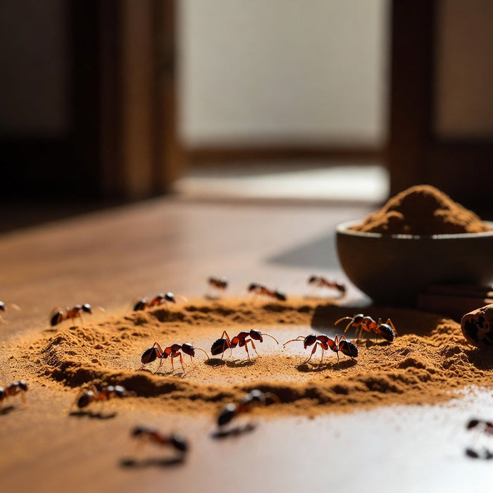 Ants gathered around a circle of cinnamon powder on a wooden table