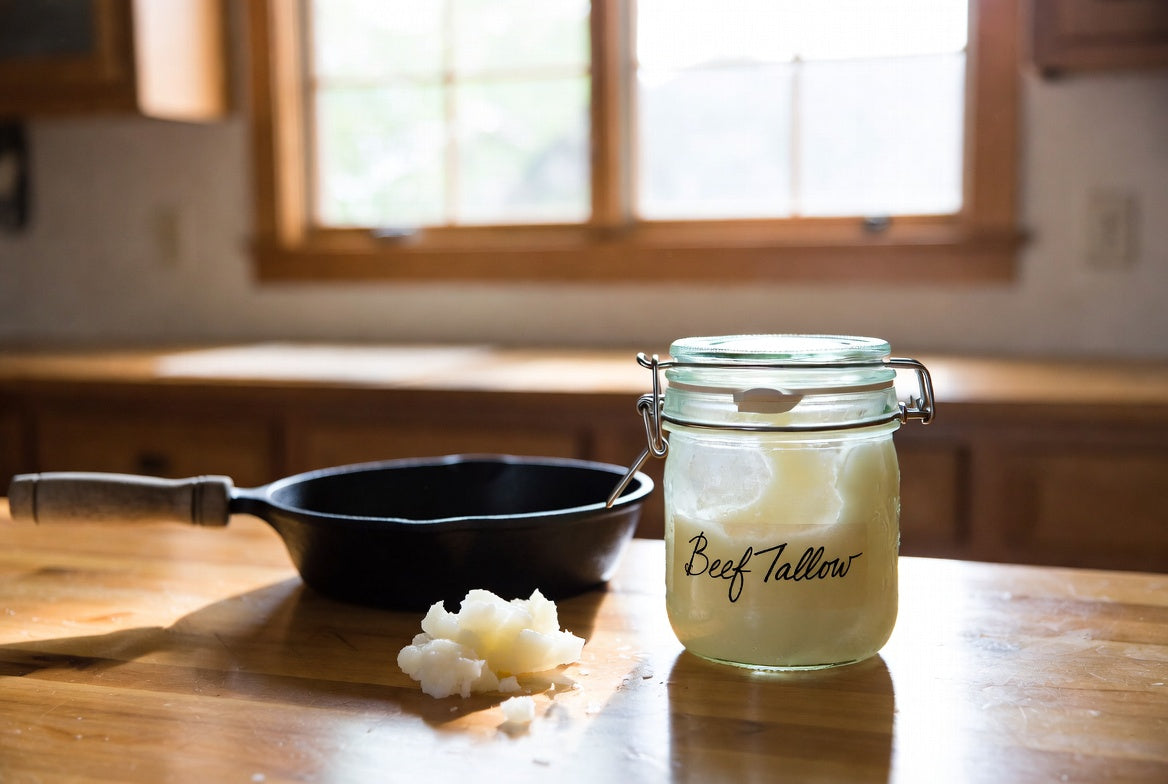 Jar of beef tallow beside cast-iron skillet on rustic kitchen table