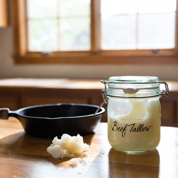 Jar of beef tallow beside cast-iron skillet on rustic kitchen table