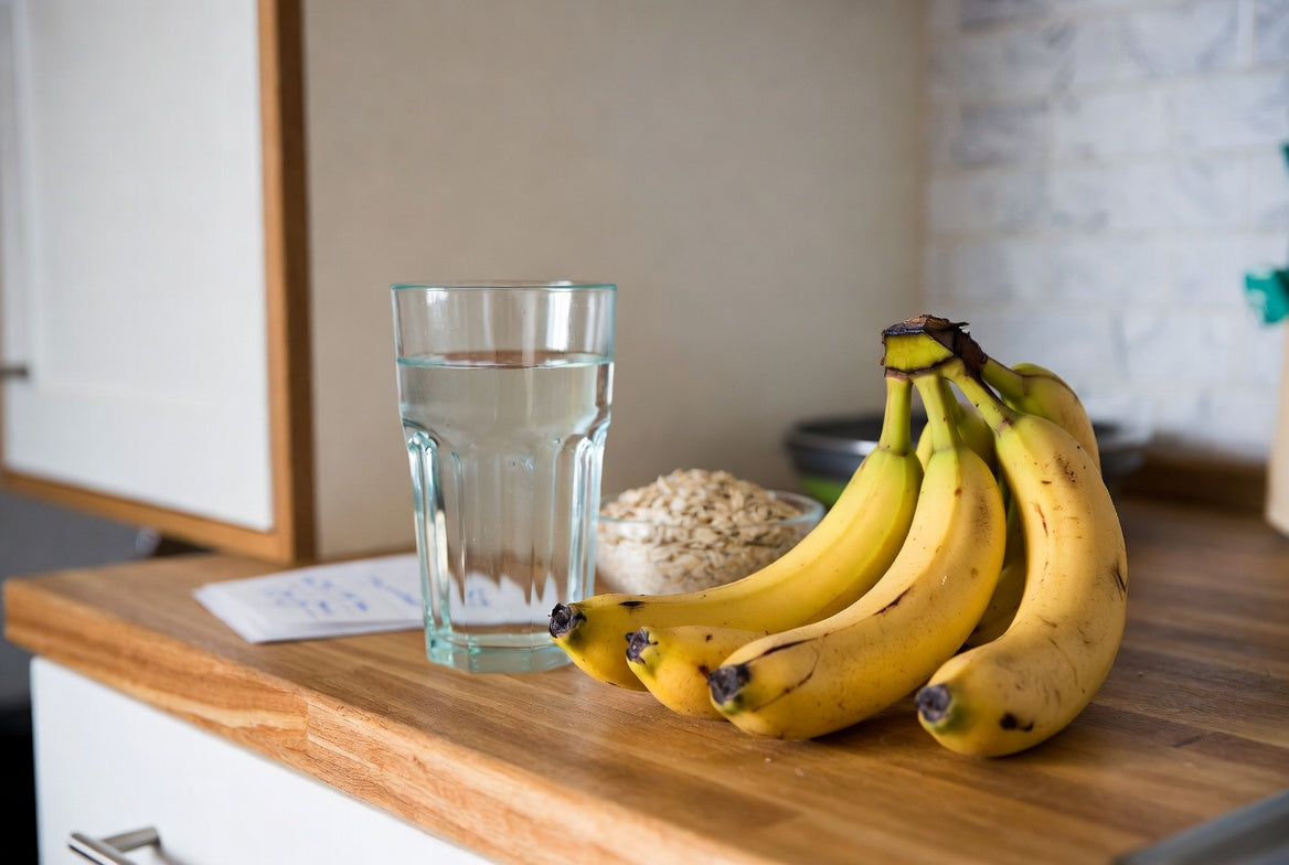 Bananas with oats and water glass on a wooden kitchen countertop
