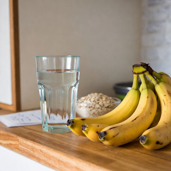 Bananas with oats and water glass on a wooden kitchen countertop