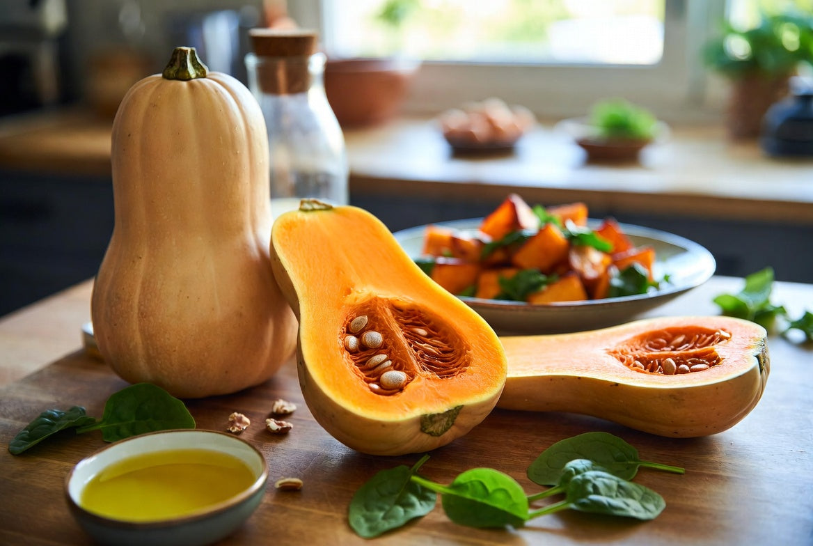 Whole and sliced butternut squash on a kitchen counter with greens