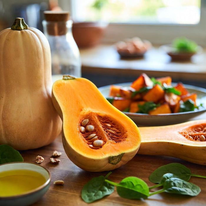 Whole and sliced butternut squash on a kitchen counter with greens