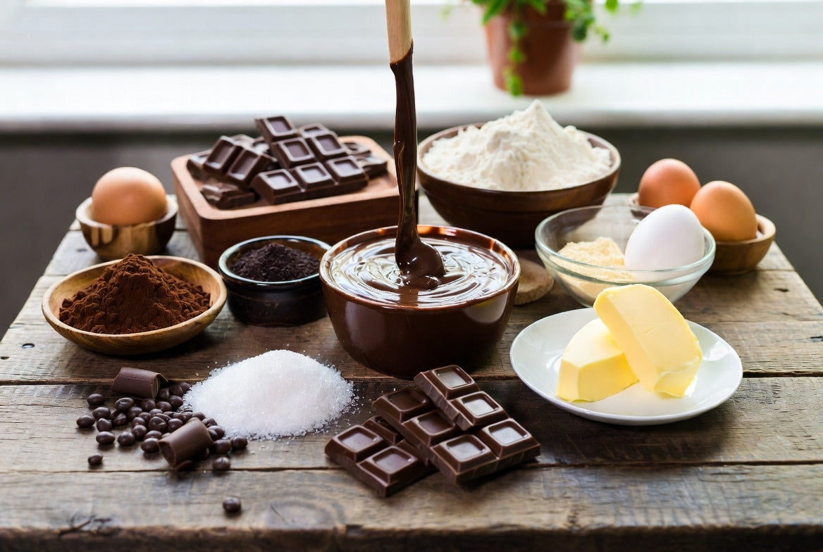 Bowl of melted chocolate with baking ingredients on rustic table