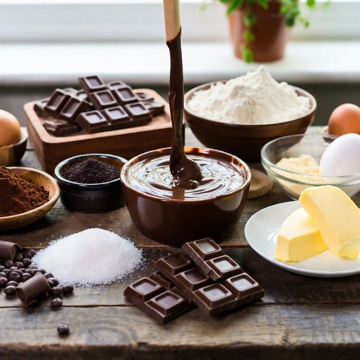 Bowl of melted chocolate with baking ingredients on rustic table