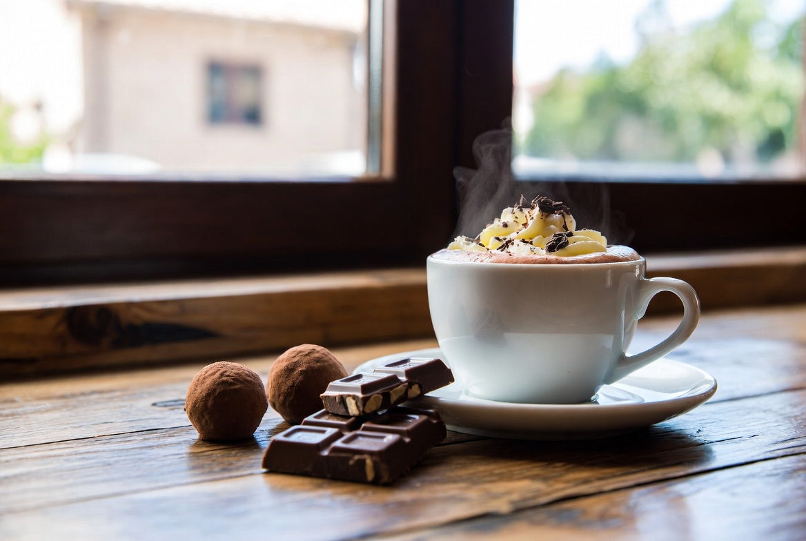 Hot white chocolate drink with truffles and chocolate on wood table