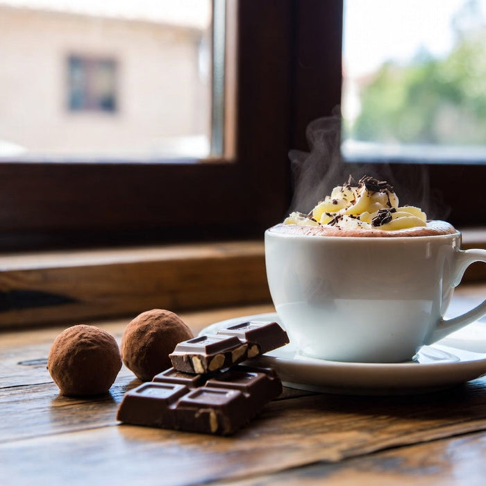 Hot white chocolate drink with truffles and chocolate on wood table