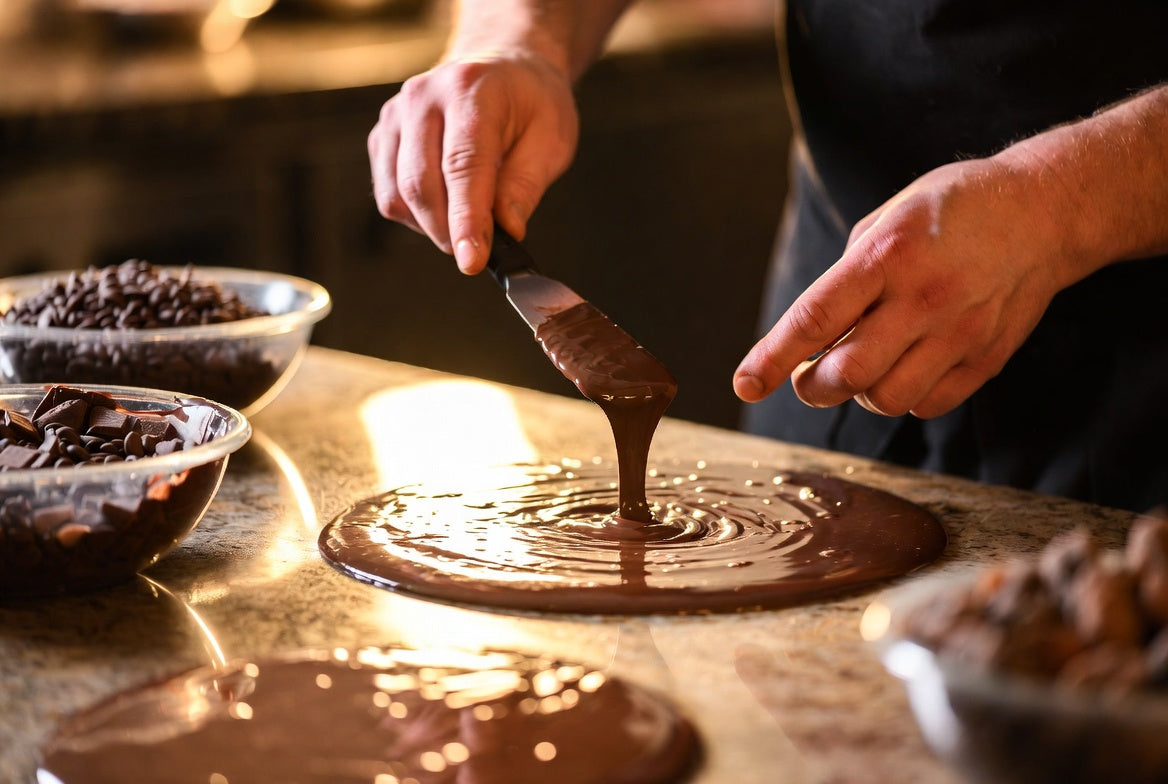 Hands tempering melted chocolate on a marble countertop