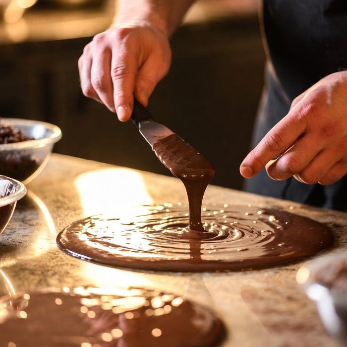Hands tempering melted chocolate on a marble countertop
